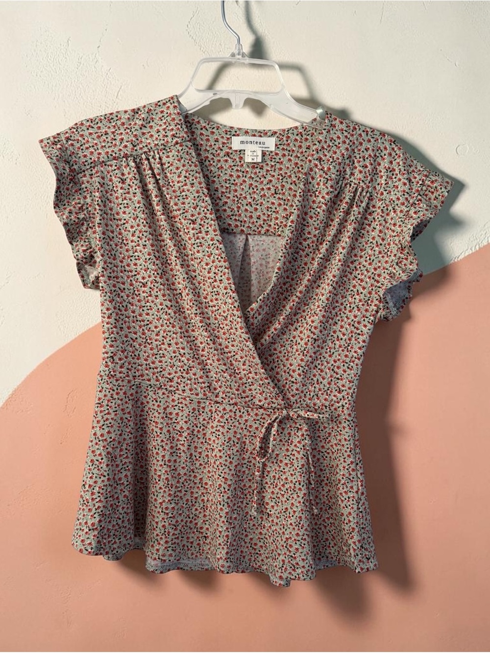 Monteau Los Angeles Sage Green with Deep Coral Floral print Faux-Wrap Blouse M